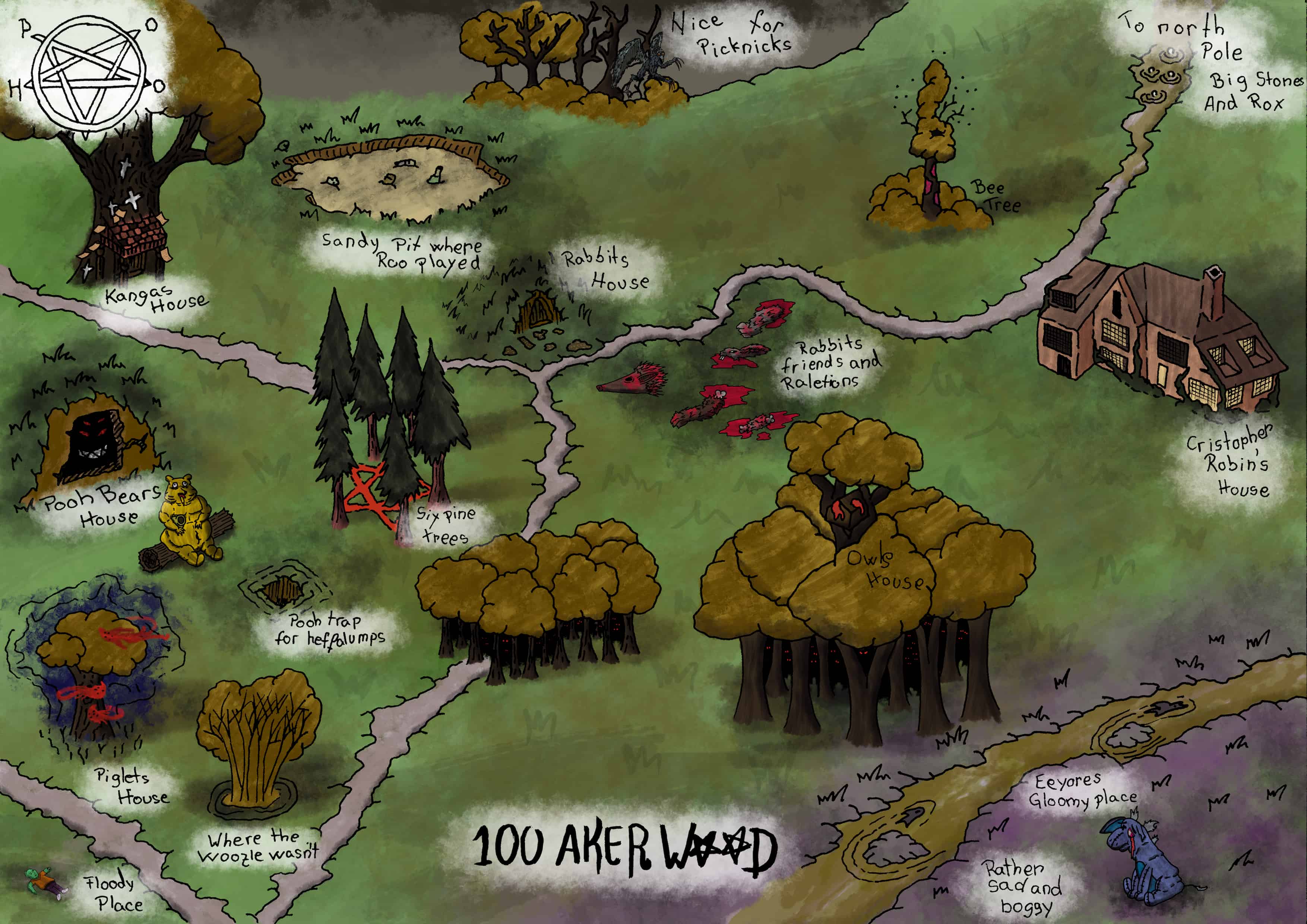 Hundred Acre Hell horror fantasy map - dark twisted forest cartography for RPG campaigns